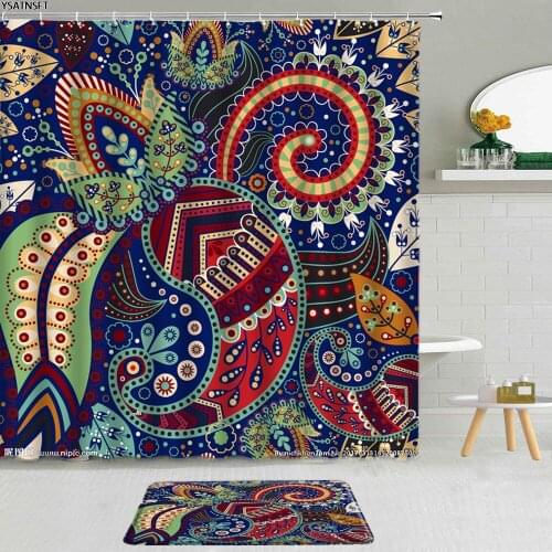 2Pcs Bohemian Ethnic Flower Shower Curtain Geometric Floral Pattern Bathroom Non-Slip Carpet Bath Mat Hanging Curtains Set Decor