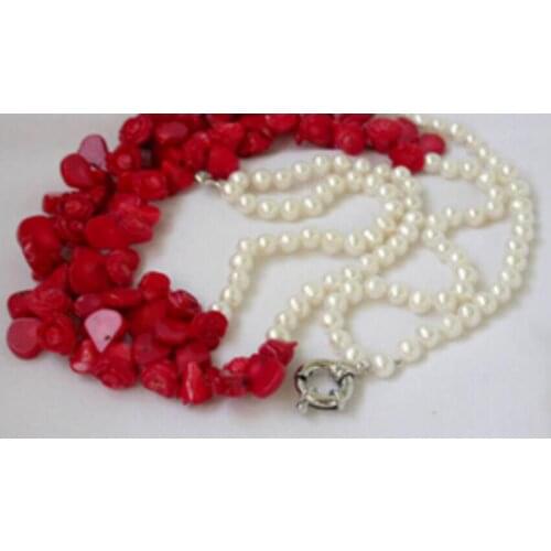 Free shipping superb 2strands 19'' 11m flower red coral white pearl necklace