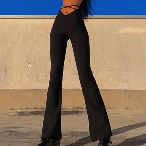 Flare Pants E Girl Style Sexy Strechy Trousers Women Lace Up V Waist Low Rise Harajuku Black Pants Stage Wear Sexy Capris