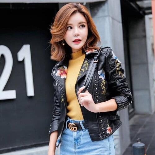 Pu Motorcycle Epaulet Zipper Outerwear Punk Style Faux Soft Leather Jacket Women Embroidery Floral Faux Leather Jacket