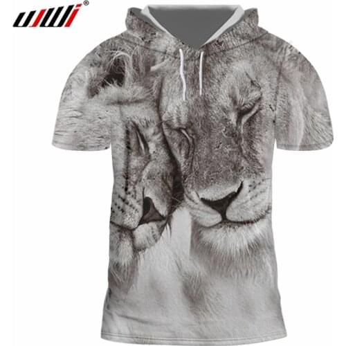 UJWI Mens New Plush Pattern Hooded Tshirt 3D Printed Lovely Two Tigers Man Wholesale Oversized T-Shirt 6XL