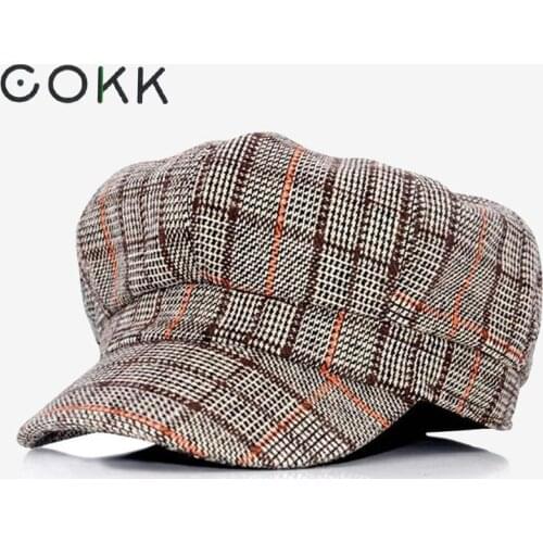 COKK Newsboy Cap Men Women Beret Plaid Octagonal Hats For Women Autumn Winter Casual Painter Beret Toucas Vintage Plaid Flat Cap