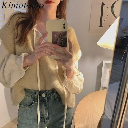 Kimutomo Spring Autumn Women Leisure Sets British Style Ladies Gentle Wind Solid Knitted Vest Stacking Chiffon Shirt Two-Piece