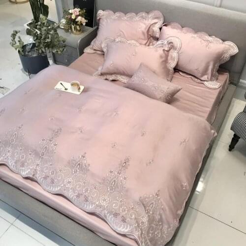 Tencel Silk Pink Luxury Bedding Set Queen King Size Duvet Cover Flat/Bed Sheet Set Bed Cover Parure Lit De Bedclothes Embroidery