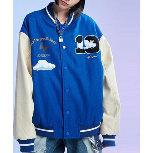 Women Fuzzy Embroidery Baseball Jacket Single-breasted Splice Baseball Uniform Fashion Casual BF Style Loose Woolen Jackets
