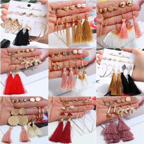 6 Pairs/set Fashion Tassel Round Stud Earrings Set for Women Trendy Mixed Black Acrylic Statement Korean Long Earrings Sets