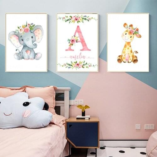 Nordic Poster Custom Name Posters And Prints Flowers Elephant Nursery Canvas Painting Wall Art Pictures For Baby Girl Room Decor