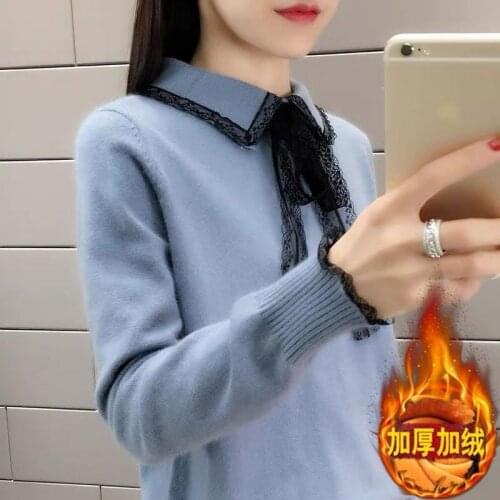 2021 New Womens With Velvet/Without Velvet Autumn Winter Sweater Female Loose Long-Sleeved Sweater Bottoming Pullover Top A409