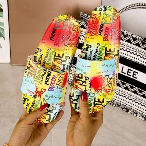 2021 summer new foreign trade womens shoes European and American creative graffiti word flat sandals and slippers wear slippers