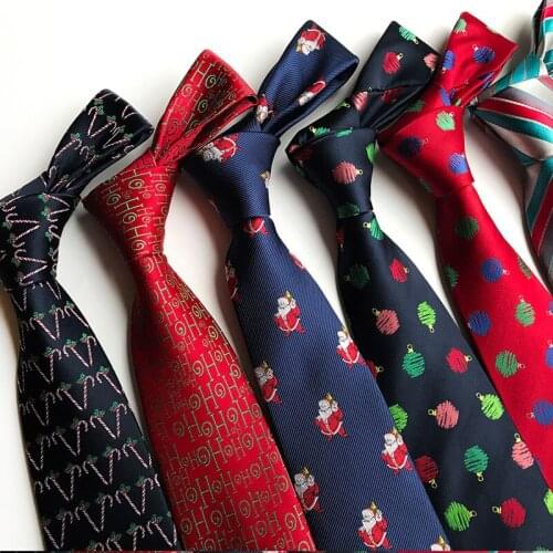 Red Blue Printed Christmas Tie 8cm Novelty Xmas Tree Elk Pattern Ties Santa Claus Snowflake Slim Necktie for Festival Theme Gift