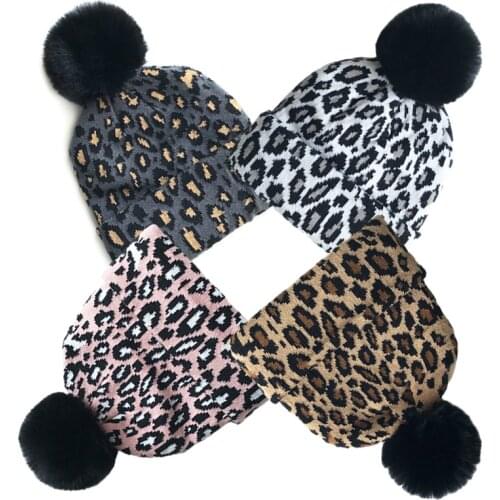 Leopard Baby Winter Hat for Girls Pompon Knitted Mother Kids Hat for Boys Hats Elastic Warm Baby Beanie Cap