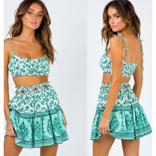 2020Spring European and American womens clothing new rayon printing suit small sling+Skirt 156