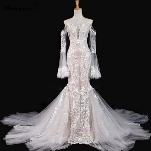 High-End Off the Shoulder Full Sleeve Chapel Train Mermaid Wedding Dress Custom Made Button Back Lace Appliques Bridal Gown