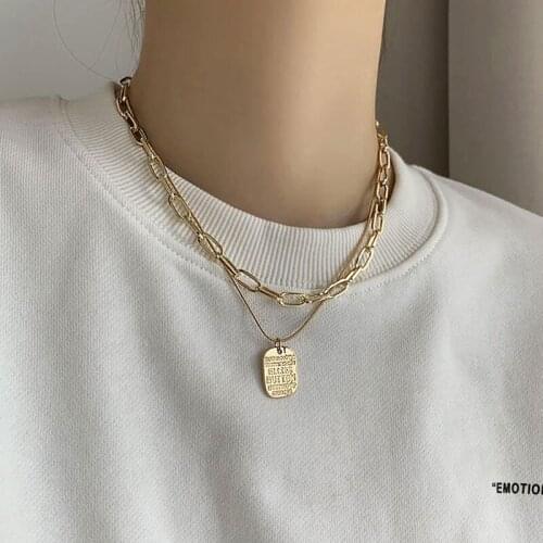 GSOLD New Trendy Double-Layer Stacked Necklace Simple Metal Square Pendant Sweater Chain Women Hip-Hop Clavicle Chain 202104