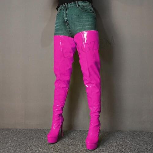 LAIGZEM Shiny Women Boots Thigh High Boots Platform High Heels Long Tall Party Club Colorful Shoes Botines Mujer Large Size 4-19