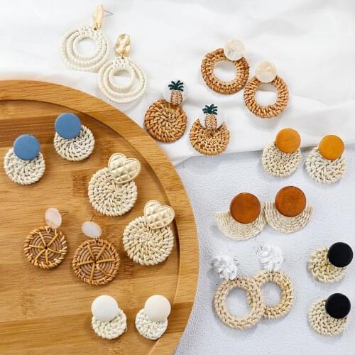 AENSOA Bohemia Handmade Geometric Rattan Straw Weave Knit Vine Drop Earrings For Women Korea Earring Party Jewelry Wholesale