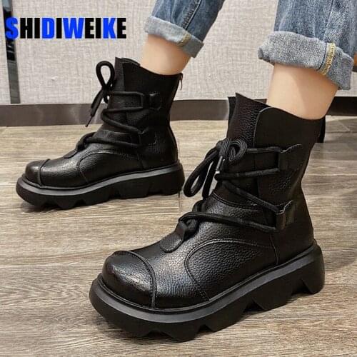 2021 Women Winter Mid-Calf Boots Fashion Classic Womens Short Boots Cool Leather Lace-Up Round Toe Chunky Shoes Botas De Mujer