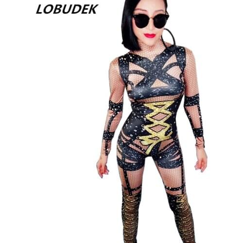 Sparkly Crystals Diamond Jumpsuit Black Gold Bling Rhinestones jumpsuit Occident Bar Female singer Leading dancer stage Costume