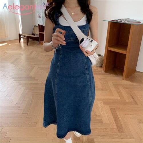 Aelegantmis Denim Spaghetti Strap Dress Women Loose Sexy A Line Sleeveless Dresses Korean Chic Long Vestidos Female Streetwear