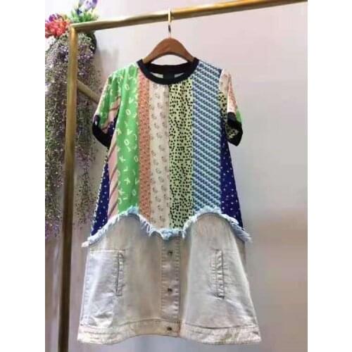 New 2021 Summer Hot Sale Dress High Quality Women Vintage Print Patchwork Short Sleeve Casual Denim Dress Korean Jeans Dress