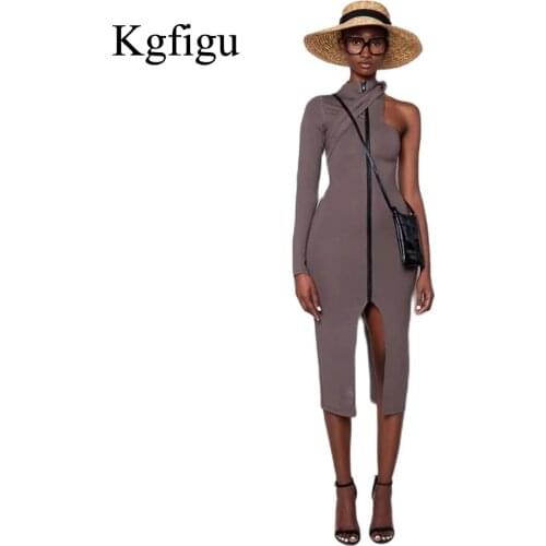 KGFIGU Cotton Material Snug Party Dresses Women One Shoulder Long Sleeve Cute Thick Vestidos Office Ladies Clothing Dropshipping
