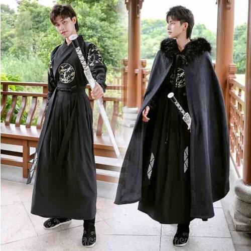 Winter Warm Men`s Hanfu Cloak Chinese Traditional Embroidery Black Cape Male Christmas Cos Costume Thick Hanfu Clack For Men