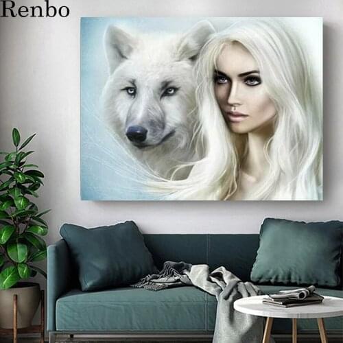 Wolf and woman 5d diy diamond painting full Drill square round diamond embroidery art diamond mosaic animal portrait Decoration