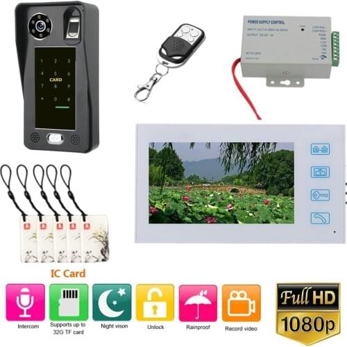 7" Record Wired Video Door Phone Doorbell Intercom System with Fingerprint RFIC Card AHD 1080P Camera Door Access Control System