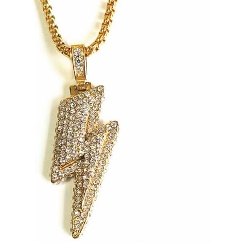 Bling Iced Out rhinestone Lightning Pendants Necklace for Men Hip Hop Rapper Jewelry Gold Color