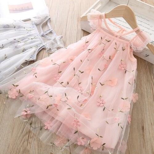 Kids Girls Summer Dress Sleeveless Floral Embroidered A-line Cute Princess Dress Girls Strap Mesh Dress Children Clothes 1-6Y