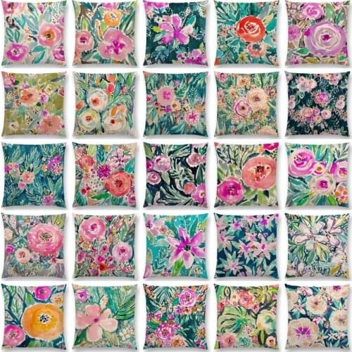 Rose Watercolor Floral Style Prints Cushion Cover Home Decor Sofa Throw Pillowcase 25 color Flowers Linen Cushion Cover