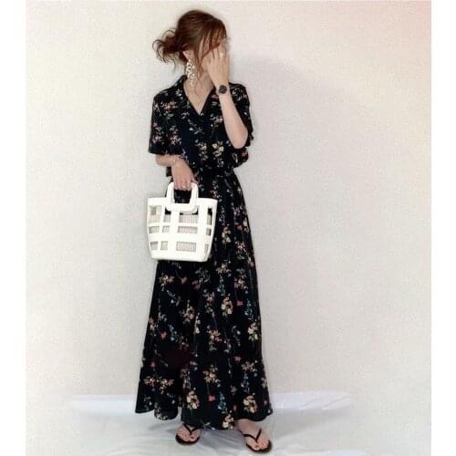 Korobov Japanese Long Dress 2021 Summer Print V Neck Short Sleeve Black Dresses Korean Office Lady A-Line Vestidos Femme