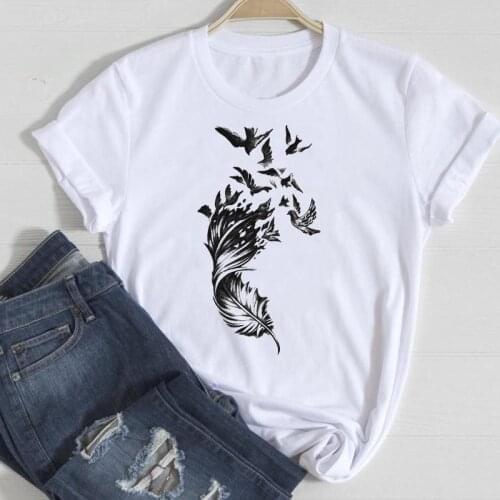 Women Short Sleeve Feather Casual Cute Fashion Cartoon Summer Graphic T Top Lady Print Tee Female Tshirts Clothes T-Shirt