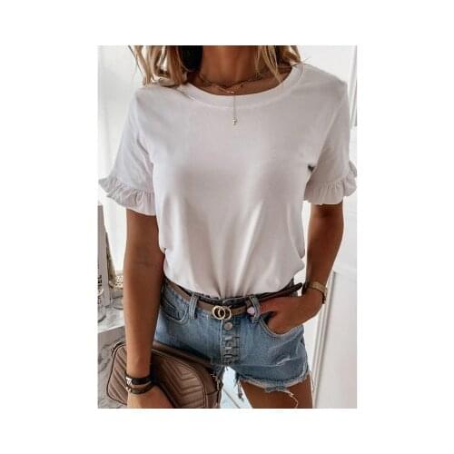 New Summer Womens Solid Short Sleeve Ruffle Crew Neck T-Shirt Fashion Casual Street Womens T-Shirt Top