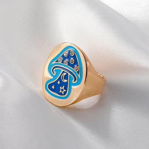 New Ins Vintage Color Cute Pink Mushroom Ring Simple Metal Drop Oil Plant Mushroom Rings For Women Girls Fashion Jewelry Gift