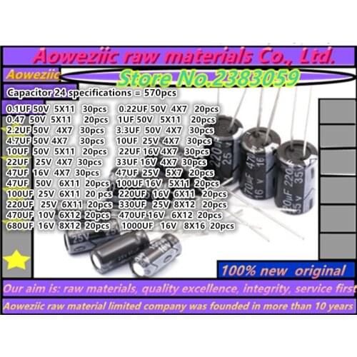 Aoweziic Capacitor 24 Item Specifications = 570pcs 470UF 10V 0.1UF - 10UF 50V 10UF - 330UF 25V 22UF +1000UF 16V