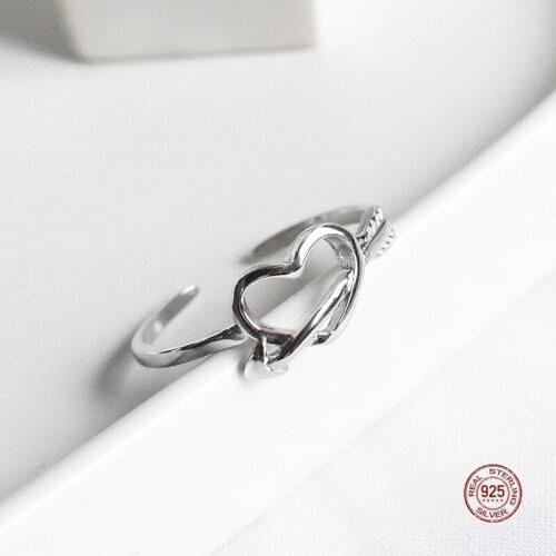 LKO 925 Sterling Silver Cupids Arrow Ring INS Trend Women Hollowed Out LOVE Heart Jewelry Ornaments Opening Adjustable Ring