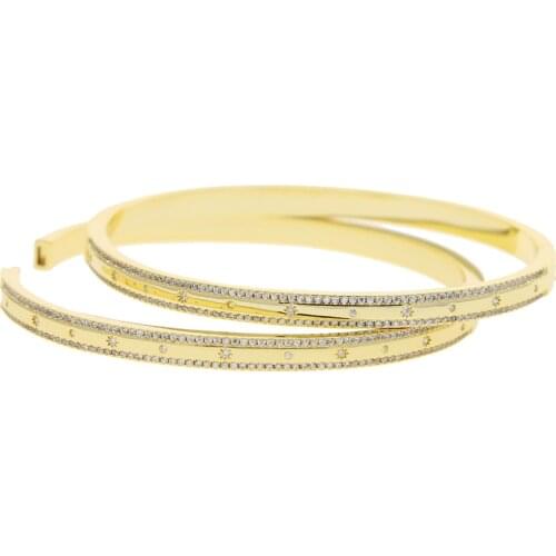 Micro Pave 5A Cubic Zirconia CZ Starburst Star Signet Gold Color Bangle Bracelet