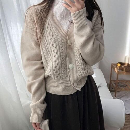Twist Sweater Pure Color Casual Cardigan V-neck Long-sleeved Single-breasted Sweater Autumn Coat Womens Clothing