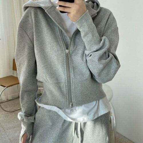 Autumn New Style Fashion Double Zipper Hooded Sweatershirt Loose And Comfortable Womens Top Solid Color X645