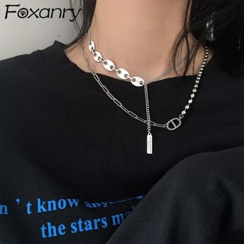 Foxanry 925 Sterling Silver Sweater Necklace New Fashion Simple Thick Chain Hollow Geometric Thai Silver Party Jewelry Gifts