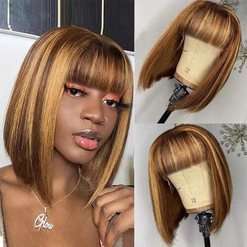 Highlight Straight Short Bob Human Hair Wigs with Bangs Short Full Machine Made Human Hair Wig with Fringe For Black Women