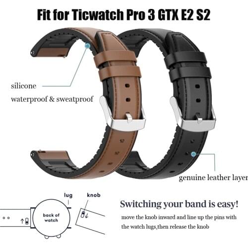 Leather Silicone Strap for Ticwatch Pro 3/3 GPS/3 Lite Smart Watch Band for ticwatch GTX E2 S2 Replacement Wrist belts Bracelets
