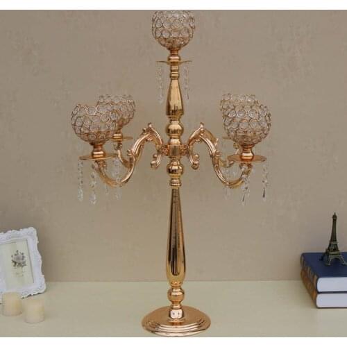 Wedding Crystal Centerpiece Table 5 arms Candelabra gold candle holder candelabrum with crystal drops