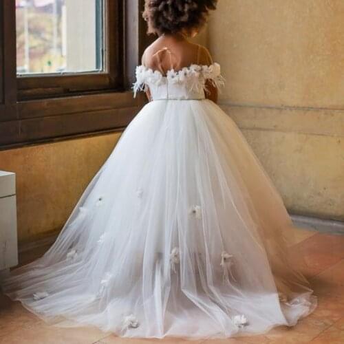 White Ivory Handmade Flowers Tulle Girls Dresses Off Shoulder Princess Birthday Party Dress Kids Pageant Gown Custom Made
