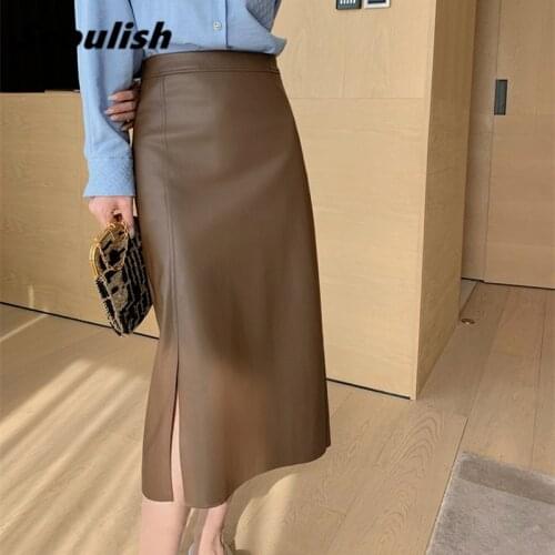 Seoulish Autumn Winter 2021 New PU Leather Womens Long Skirt High Wasit Skirt Female Straight Side Split A-line Pencil Skirts