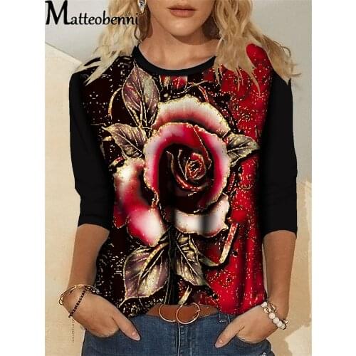 2021 Autumn New Women Fashion Personality Flower Printed T-Shirt Ladies Casual O-Neck Long Sleeve Loose Street Plus Size T-Shirt