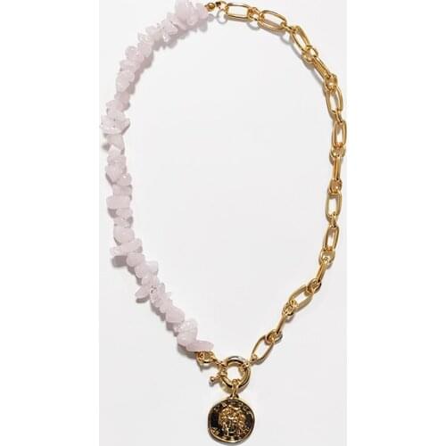 Women creative round coin pendant clothes accessories natural stone punk chain stitching necklace цепь на шею gift for friend