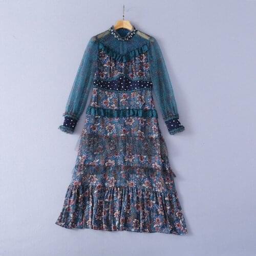 European and American womens clothing spring 2021 new Long sleeve stapled diamond stand collar Lace splicing printing dress