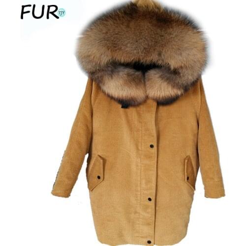 2020 new Winter jacket coat women parka Corduroy fur coat Big real raccoon fur collar Real natural Warm Lamb fur liner